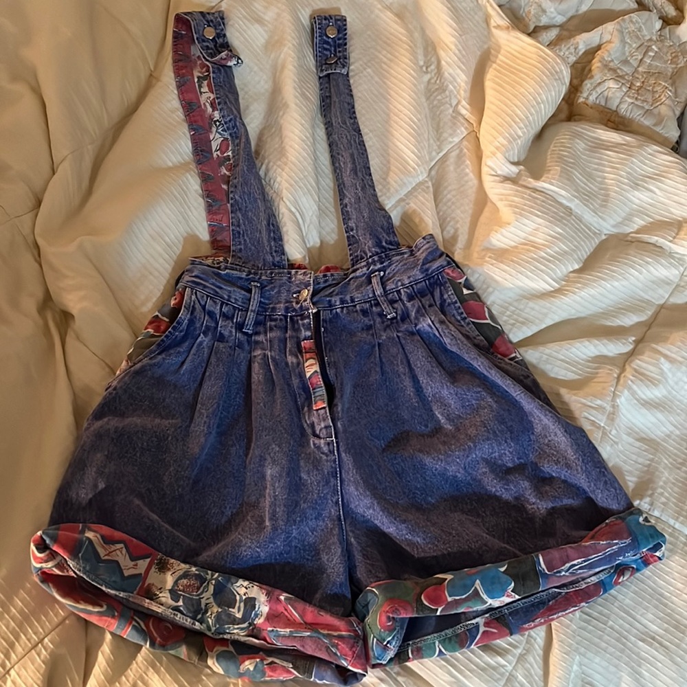 Vintage 80’s/90’s thrifted jean shorts with suspenders